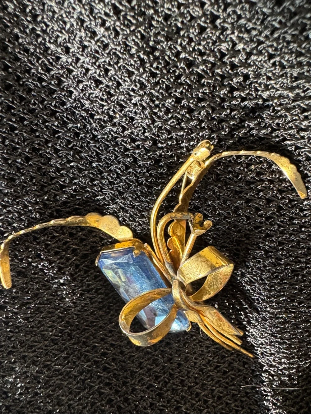 Gold-Tone Floral Brooch with Blue Rectangular Stone